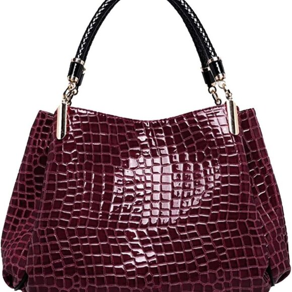 Women Faux Leather Alligator Pattern Tote Large Capacity Stylish Handbag - Picture 1 of 8